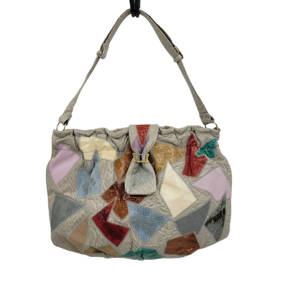 Vtg 80's Caprice Shoulder Bag Leather Boho Funky Patchwork Multicolor Large Gray